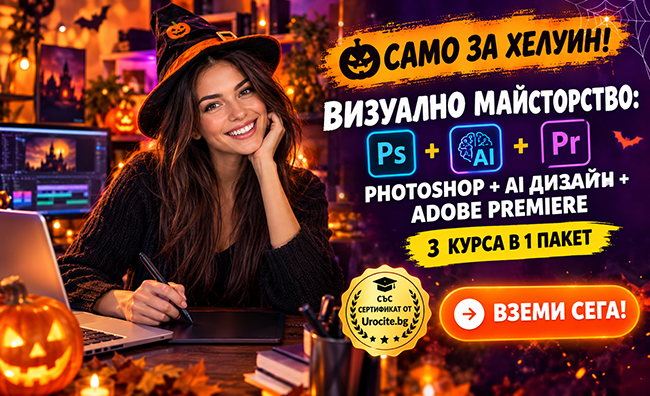 Само за Хелуин! Пакет Визуално майсторство: Photoshop, AI Дизайн и Adobe Premiere с 12-месечен достъп и сертификат