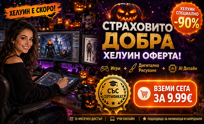 Страховита Хелуин оферта! Пакет Игри, Рисуване и AI Дизайн с 12-месечен достъп и сертификат